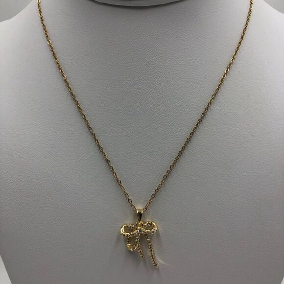 18K Gold Plated Women's Tied Bow Ribbon Shape Necklace Cubic Zirconia Waterproof - Picture 5 of 12